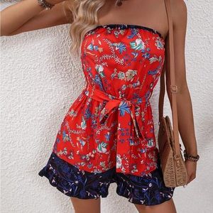 Ruffle Hem Belted Tube Romper